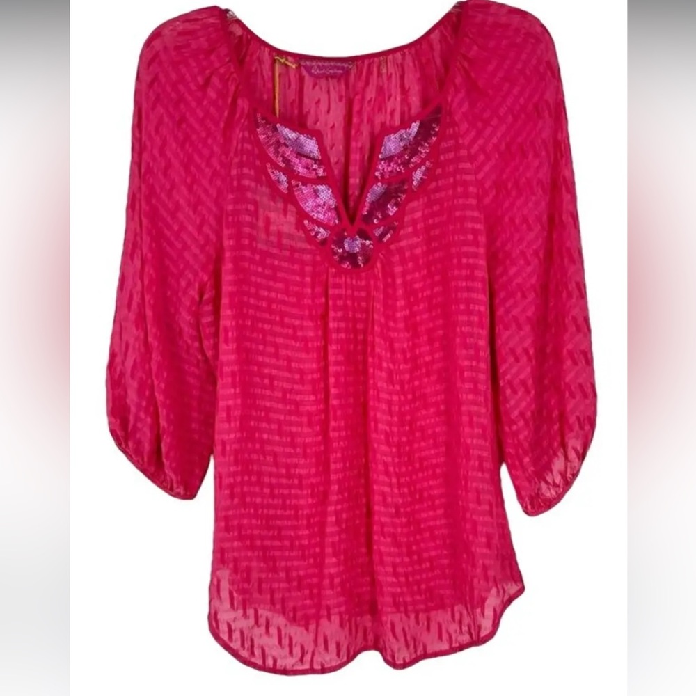 Exquisite Robert Graham Gilda pink sequined embellished silk peasant top